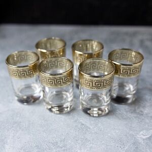 Gold rimmed shot glasses Greek key set of 6 2.5 oz excellent condition